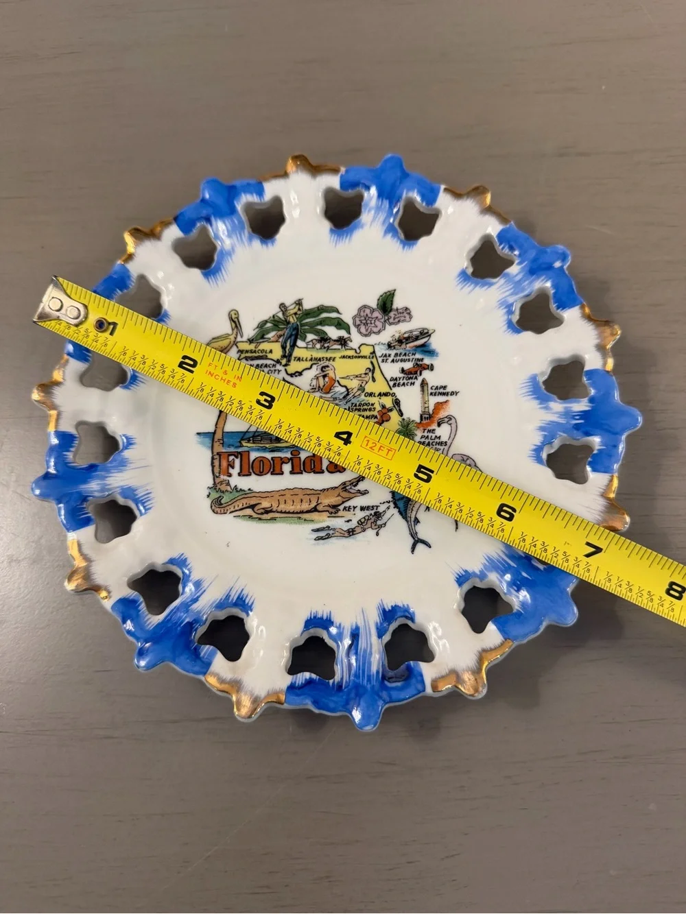 Florida Souvenir Blue Reticulated Plate Pierced Rim Gold Trim Flamingos Vintage
